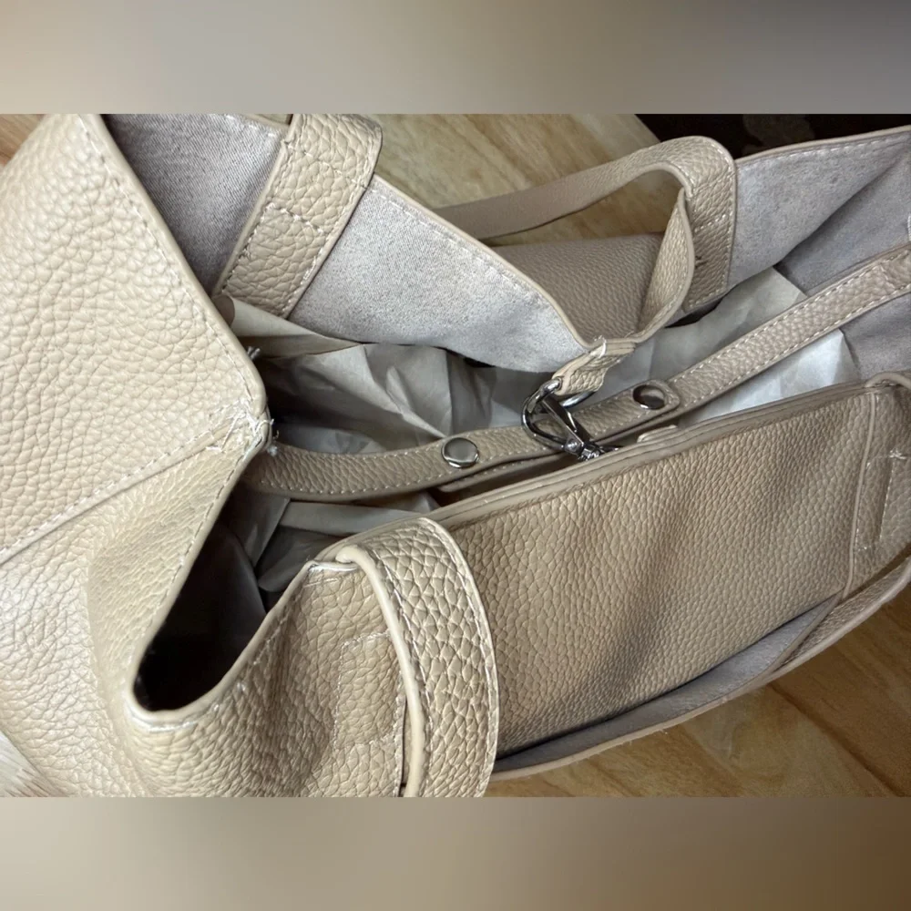 Halston Pebbled Leather Tote Bag Large Taupe Beige Shoulder Bag Minimalist Purse